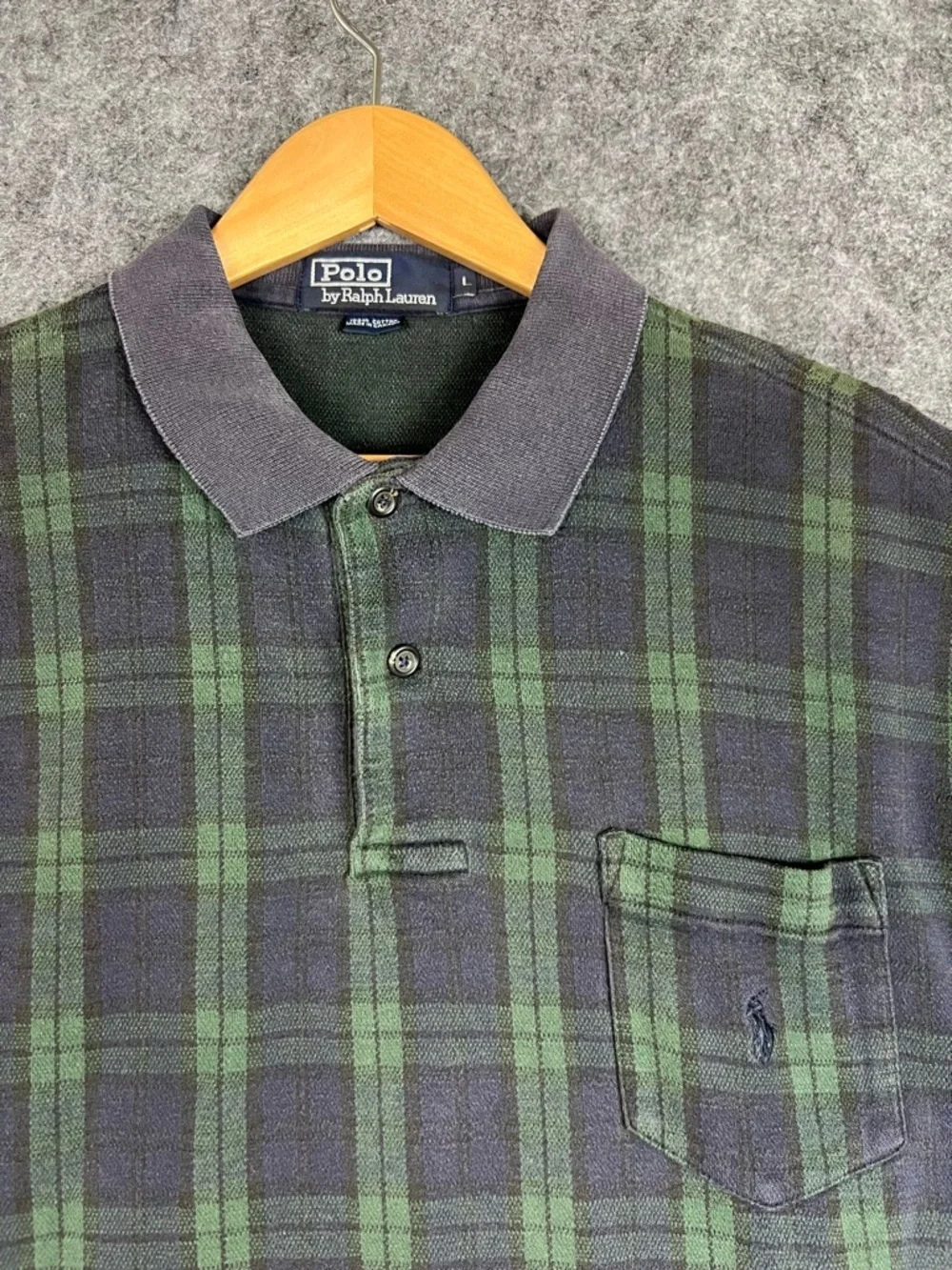 Vintage Ralph Lauren Men's Dark Blue And Green  Plaid Polo Shirt Size L Golfwear